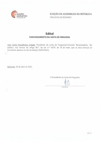 Edital - Funcionamento da Junta de Freguesia