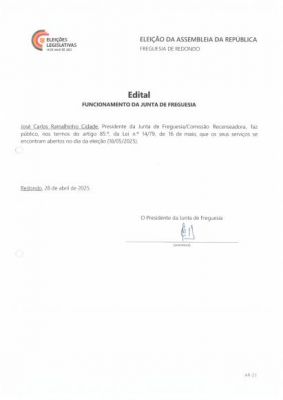 Edital - Funcionamento da Junta de Freguesia