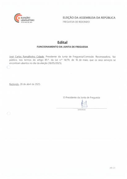 Edital - Funcionamento da Junta de Freguesia