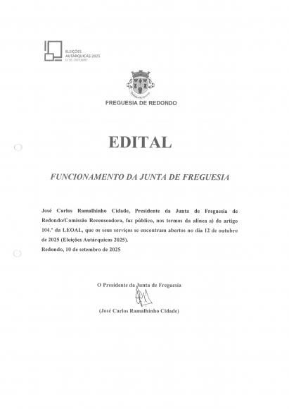 Edital - Funcionamento da Junta de Freguesia